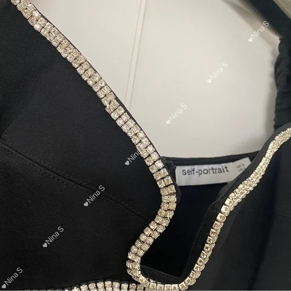 Self Portrait Black Crepe Rhinestone Detail Mini Dress/NEW - Picture 5 of 5